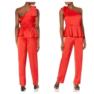 NWT The Drop Shop Dandy Red Silky One Shoulder Peplum Jumpsuit